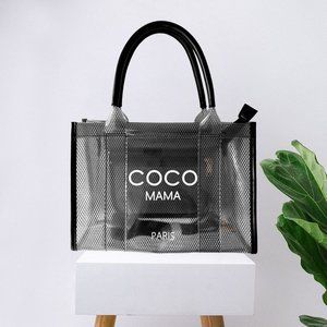 Coco Mama Black Mesh Printed Transparent Tote / Crossbody Bag